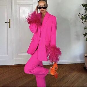 NWT. Pink Blazer With Feather Cuffs & Pants Set.